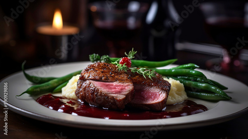 Fototapeta Naklejka Na Ścianę i Meble -  Beautifully plated, fine dining dish featuring a tender, pan-seared duck fillet meat with crispy skin, resting on a bed of creamy mashed potatoes, accompanied by a red wine reduction.