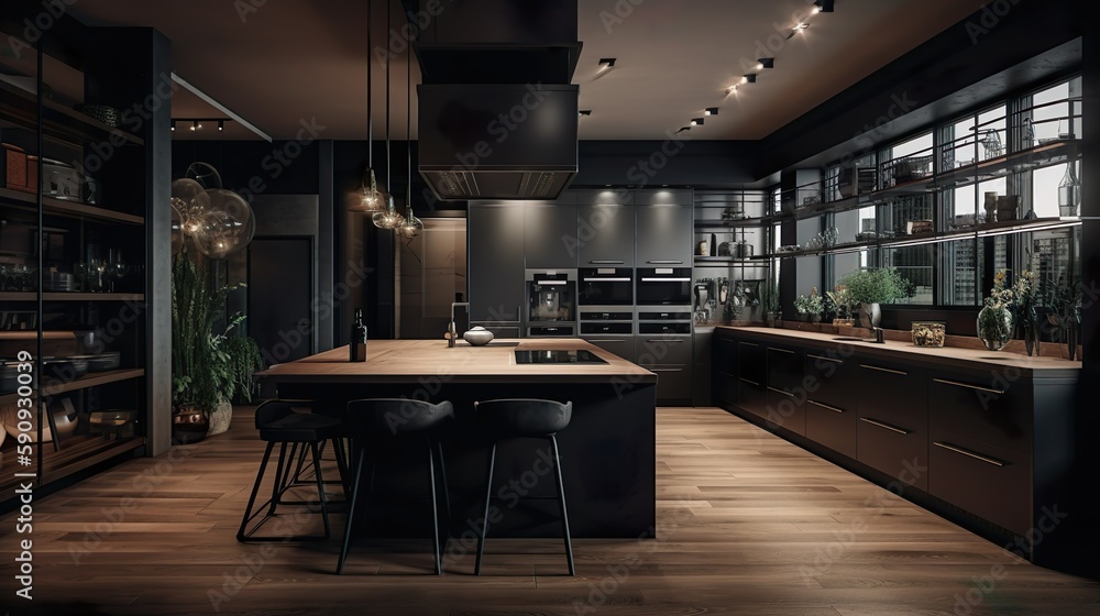 Elegant kitchen: In the luxury kitchen you will find exclusive and high-quality kitchen appliances, the finest materials combined with an elegant design. High-end design of elegance.- Generative AI