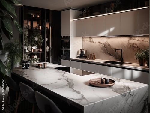 Elegant kitchen: In the luxury kitchen you will find exclusive and high-quality kitchen appliances, the finest materials combined with an elegant design. High-end design of elegance.- Generative AI