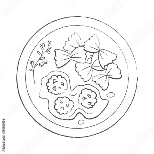 Plate of traditional Italian farfalle pasta with meatballs on white background