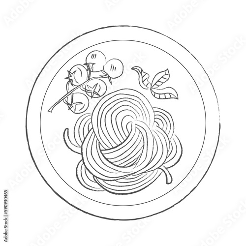 Plate of traditional Italian spaghetti with tomatoes on white background
