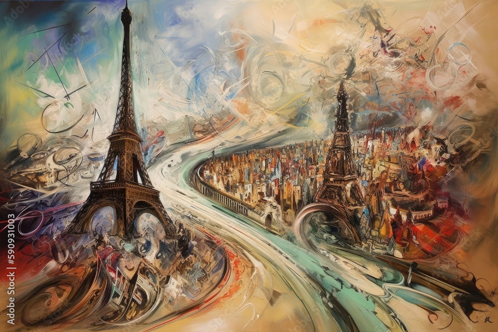 Paryż abstrakcja kolorowa grafika surrealizm Generative AI - obrazy, fototapety, plakaty 