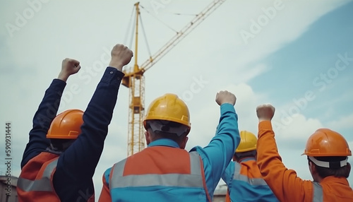 construction workers raise their hands in the air