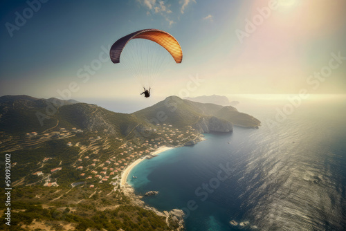 paraglider over the sea, montains, goldern houer, generative ai © noeh