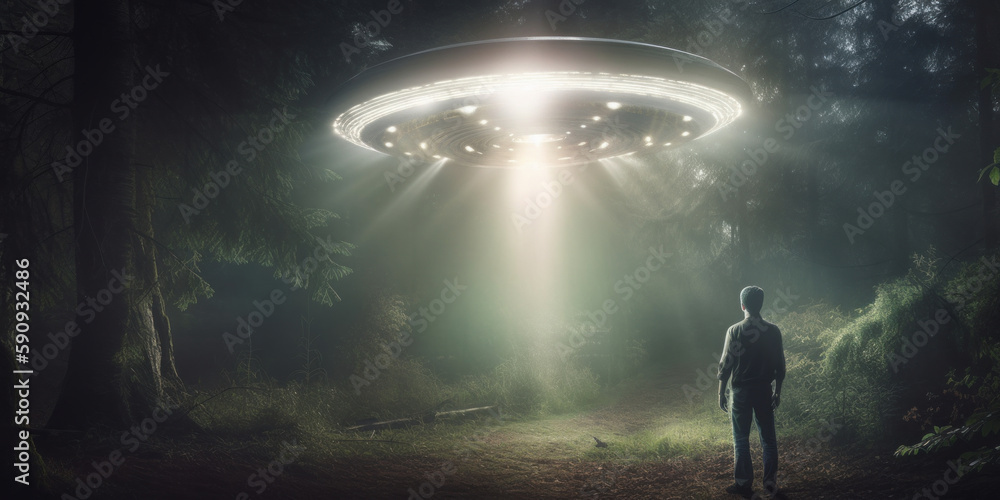 Platillo volante contactando con una persona, abducción extraterrestre, ovni avistado en el campo, imagen paranormal, creado con IA generativa