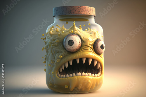 Monstruo atrapado en un bote de cristal, experimento fallido de halloween, cabeza decapitada en un tarro creado con IA generativa 
