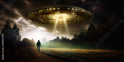 Platillo volante contactando con una persona, abducción extraterrestre, ovni avistado en el campo, imagen paranormal, creado con IA generativa photo