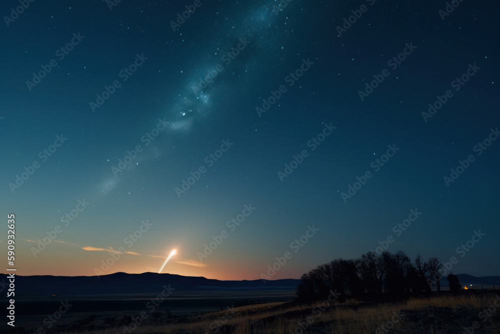 Fototapeta premium Meteorito entrando en la atmosfera, estrella fugar al atardecer, objeto no identificado en el cielo, basura espacial en el cielo, estela al atardecer, creado con IA generativa