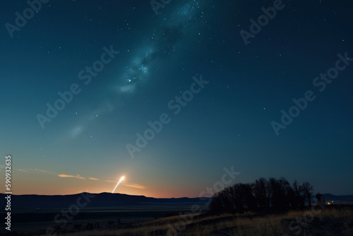 Meteorito entrando en la atmosfera, estrella fugar al atardecer, objeto no identificado en el cielo, basura espacial en el cielo, estela al atardecer, creado con IA generativa