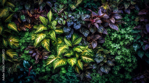 A lush  vibrant green living wall filled with a variety of small  healthy plants  creating a natural  eco-friendly texture. Wallpaper  Background