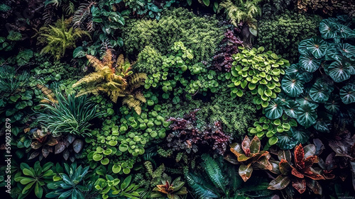 A lush, vibrant green living wall filled with a variety of small, healthy plants, creating a natural, eco-friendly texture. Wallpaper, Background photo