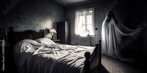 Aparición terrorífica de un fantasma entre las sombras, casa abandonada con espíritus, sucesos paranormales, creado con IA generativa © Loktor