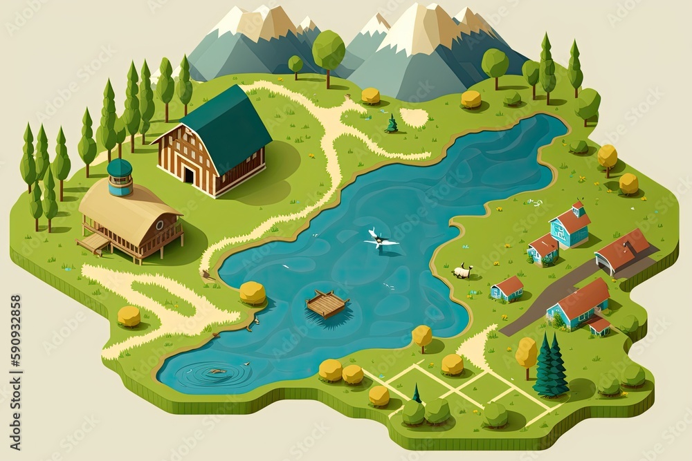 Fototapeta premium rural landscape featuring a barn and a lake in a country setting. Generative AI