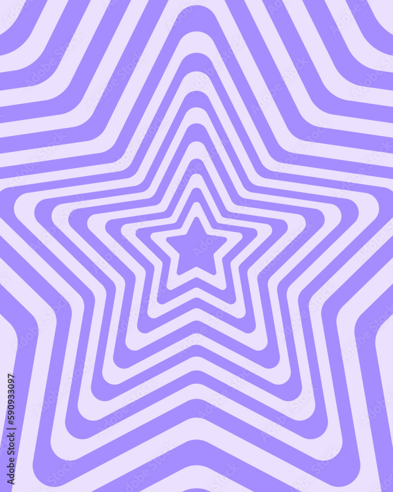 Groovy hypnotic patterns in y2k style. Poster with repeating stars in trendy retro 2000s design. Cute vector illustration in pastel purple colors.