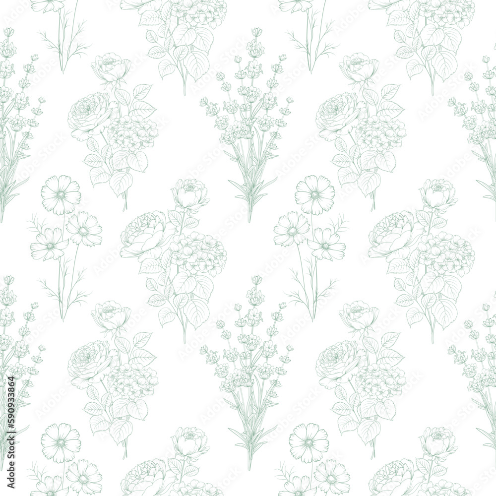 Seamless pattern from flowers of lavender,rose, and hydrangeas on a white background.