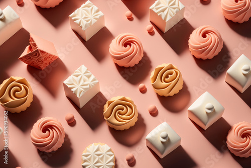 Bombones de chocolate rosa aesthetic, bombones de lujo reposteria coreana, regalo de san valentin dulce, caramelos y chucherías deliciosas, creado con IA generativa photo