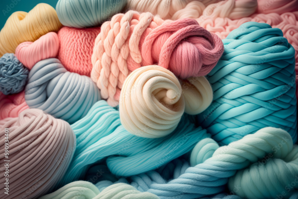 Ovillos de lana de colores aesthetic, materiales para coser y tejer ropa,  crochet con hilos de algodón, creado con IA generativa ilustração do Stock