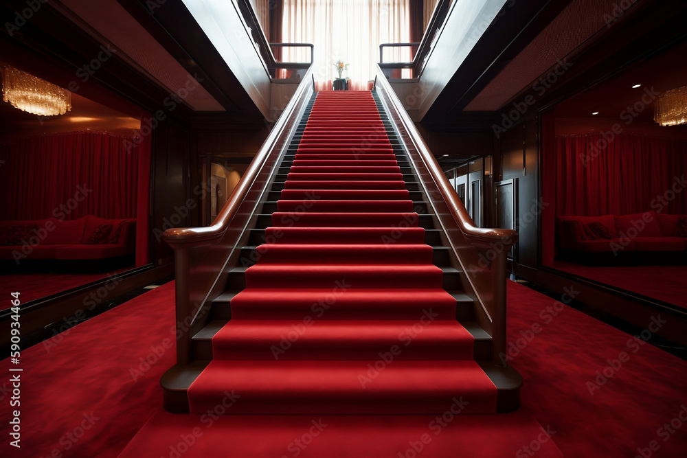 Obraz premium Interior Scene Of Hotel Stairs Covered With Red Carpet, Made Using Generative Ai