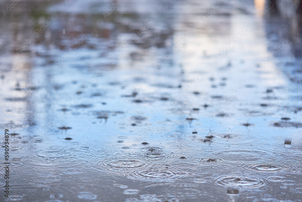 Heavy rain falling on the asphalt, puddles with splashes from drops.. Heavy rain falling on the asphalt, puddles with splashes from drops..