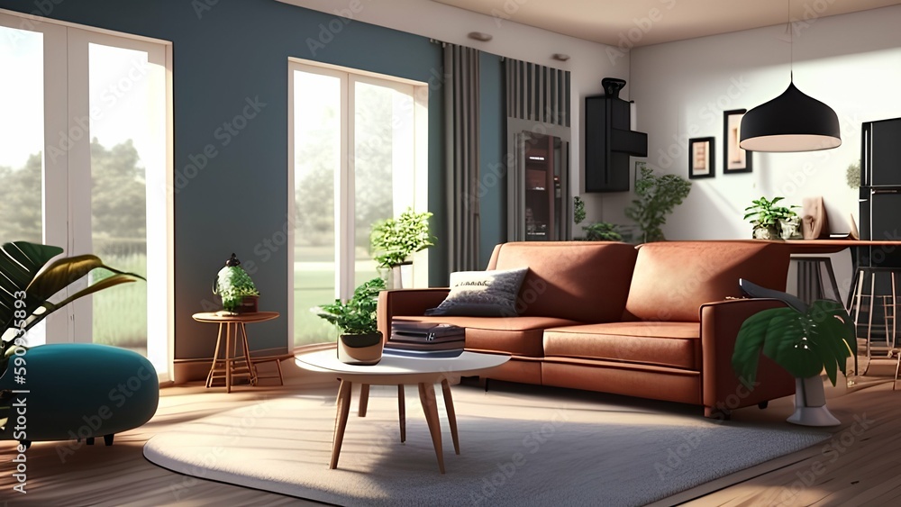 Open plan living space in residential house with natural light and retro furniture - Generative AI