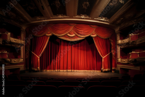 Glorious Red Curtain Above Empty Theatre Stage, Made Using Generative Ai