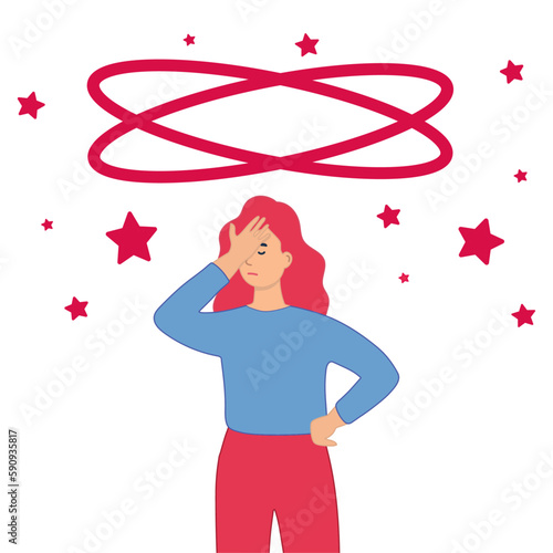 The sick person suffers from dizziness, confusion, dizziness and headache. Flat vector illustration for stress, disease symptoms, migraine, hangover