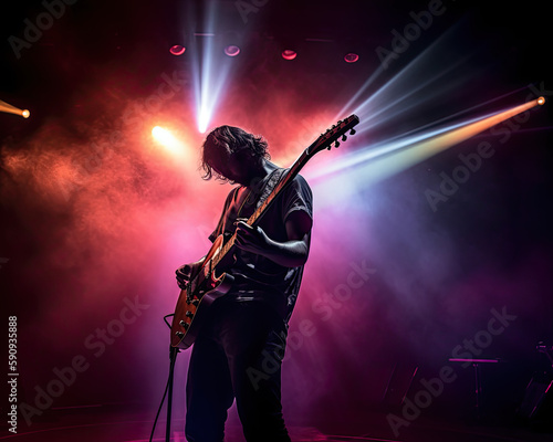 Guitarist silhouette playing on stage with lighting effects