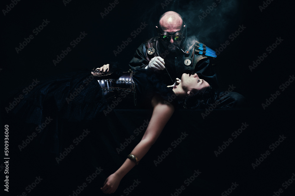 Portrait of a steampunk surgeon operating a young woman's throat