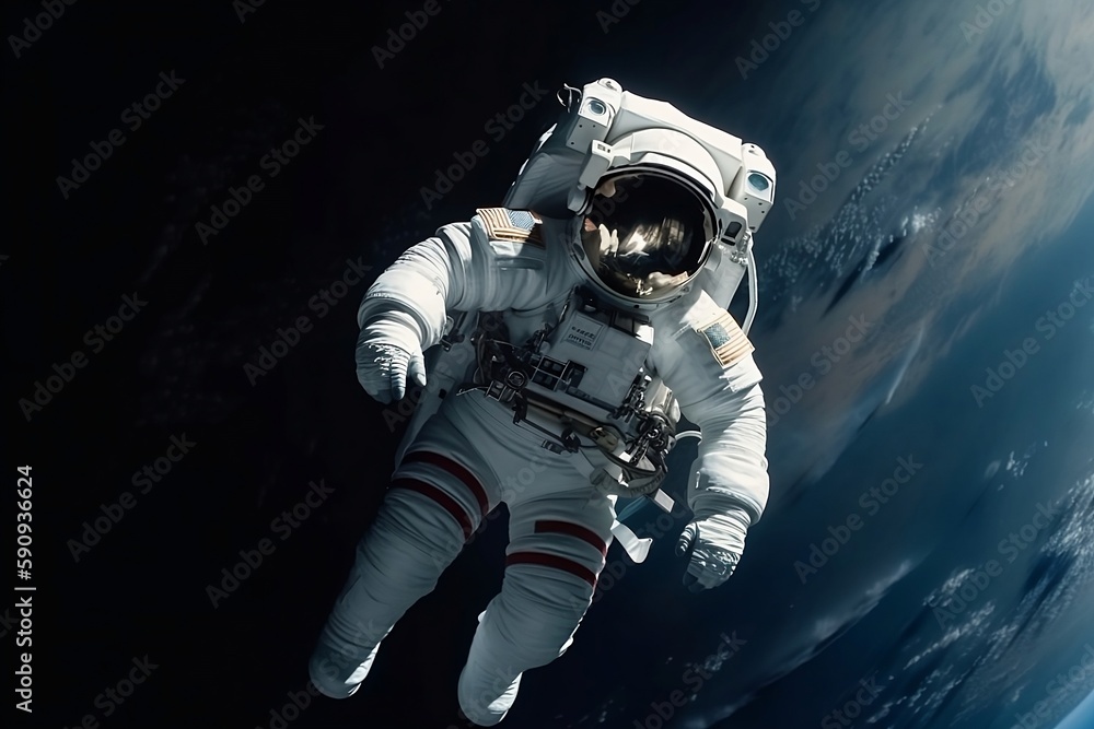 American astronaut in space with the earth in the background created with Generative AI technology American astronaut in space with the earth in the background created with Generative AI technology
