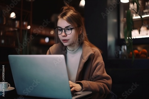 Beautiful woman in glasses and brown coat with lap top sitting in restaurant created with Generative AI technology. Girl freelancer works in cozy cafe