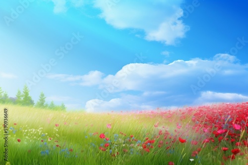 Colorful Flower Field with a Blue Sky