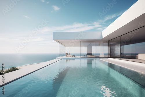 Luxury Residential Minimalist Villa With Pool And Ocean On Horizon, Made Using Generative Ai © Arma