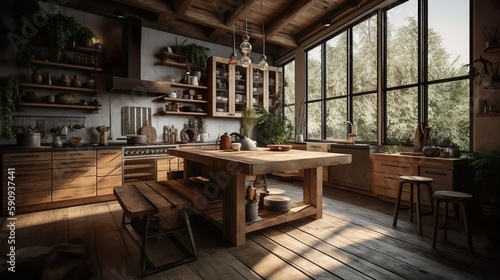 Country kitchen  rustic  cozy with a cozy atmosphere. Natural materials such as wood from the counter to the floor covering ensure a harmonious overall picture. - Generative AI