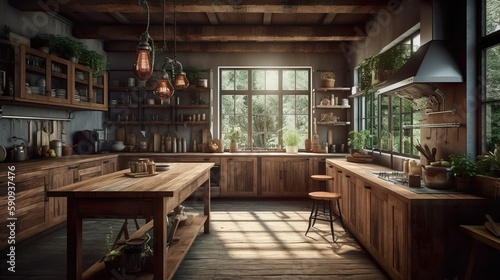Country kitchen  rustic  cozy with a cozy atmosphere. Natural materials such as wood from the counter to the floor covering ensure a harmonious overall picture. - Generative AI