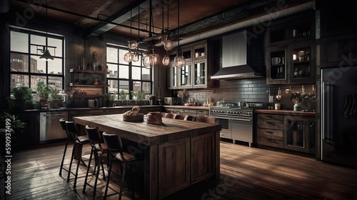 Country kitchen: rustic, cozy with a cozy atmosphere. Natural materials such as wood from the counter to the floor covering ensure a harmonious overall picture. - Generative AI