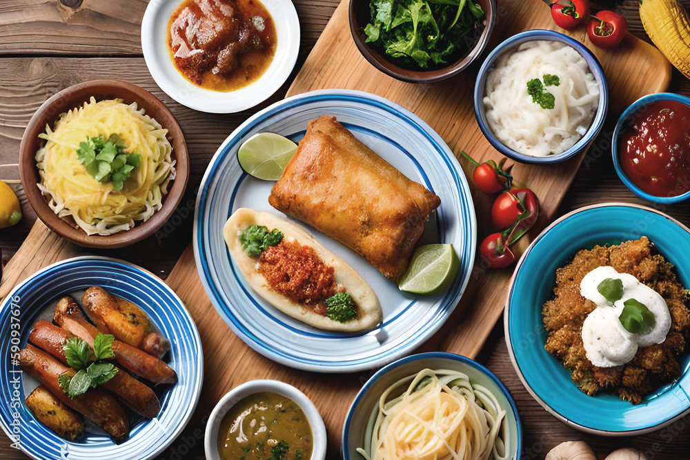 A table full of food including a variety of dishes including rice, vegetables, and other food. created with generative ai technology