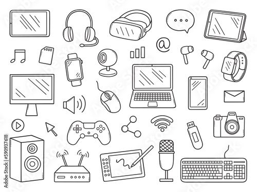 Gadgets doodle set. Keyboard, headphones, computer mouse, watch, computer in sketch style. Hand drawn vector illustration isolated on white background