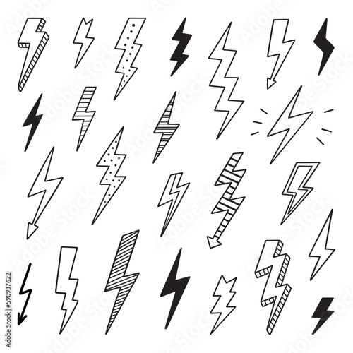 Lightning doodle set. Thunder in sketch style. Hand drawn vector illustration isolated on white background