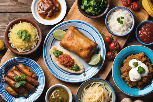 A table full of food including a variety of dishes including rice, vegetables, and other food. created with generative ai technology