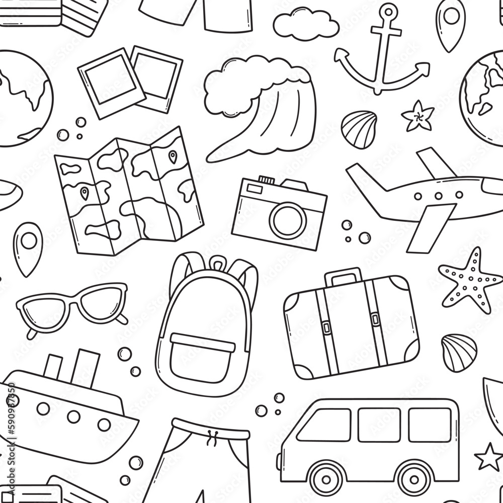 seamless-pattern-of-travel-doodle-summer-vacation-tourism-elements-in