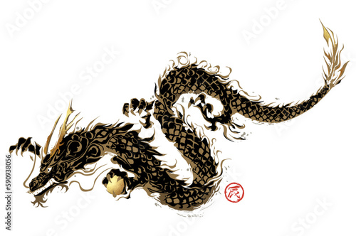 年賀状, 辰年, 辰, 龍, 2024, ベクター, 筆書き, 金箔, 筆文字, 金色, ゴールド, 筆,