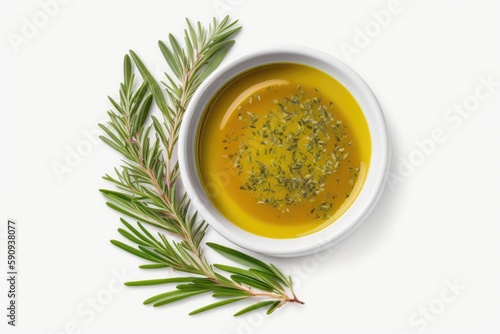 warm bowl of soup garnished with a fragrant sprig of rosemary. Generative AI