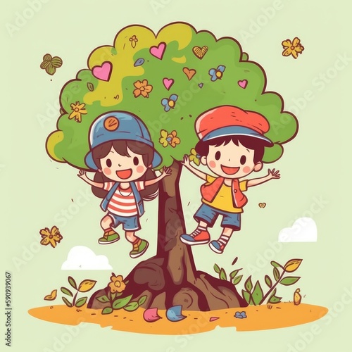 Two kids playing around the tree  cartoon illustration with generative ai