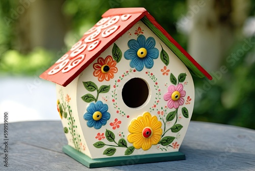 Valokuvatapetti colorful birdhouse with painted flowers. Generative AI