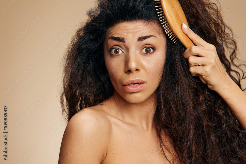 HAIR PROBLEMS. TANGLED HAIR CONCEPT. Shocked excited upset suffering