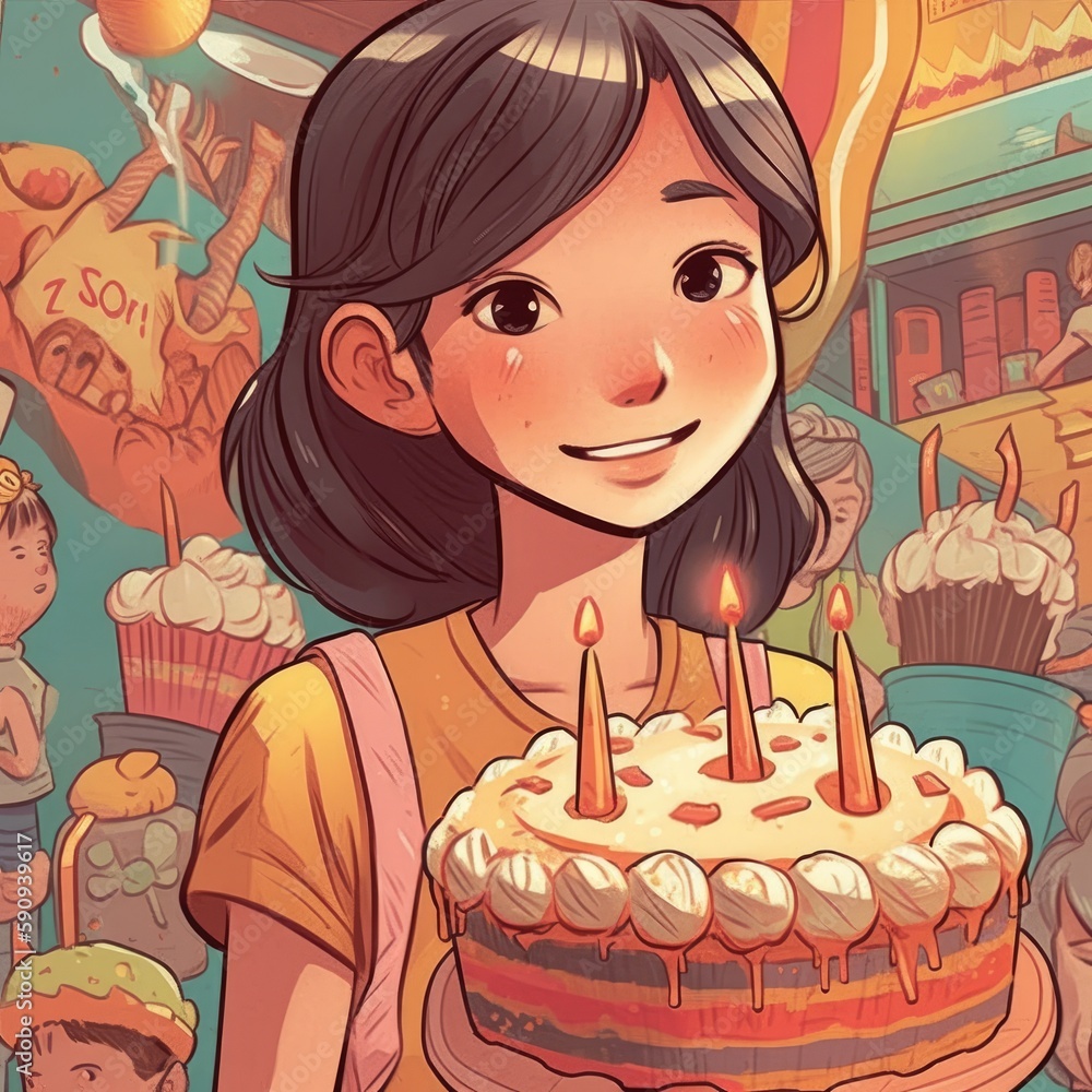 A girl is holding a cake while celebrating a birthday, cartoon illustration with generative ai A girl is holding a cake while celebrating a birthday, cartoon illustration with generative ai