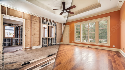 Home Interior Before And After Cleanup and Construction with New Hardwood Floors and Paint - Generative AI. photo