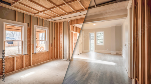 Home Interior Before And After Cleanup and Construction with New Hardwood Floors and Paint - Generative AI. photo