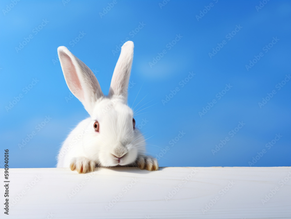 White rabbit peeking out from behind a white wall on blue sky ...