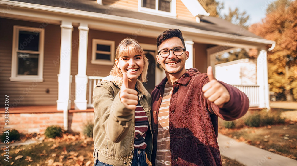 Proud Beautiful Young Couple In Front of New Home with Thumbs Up - Generative AI.